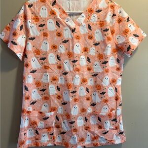 Halloween Ghost & Pumpkin Scrub Top - Pink Orange